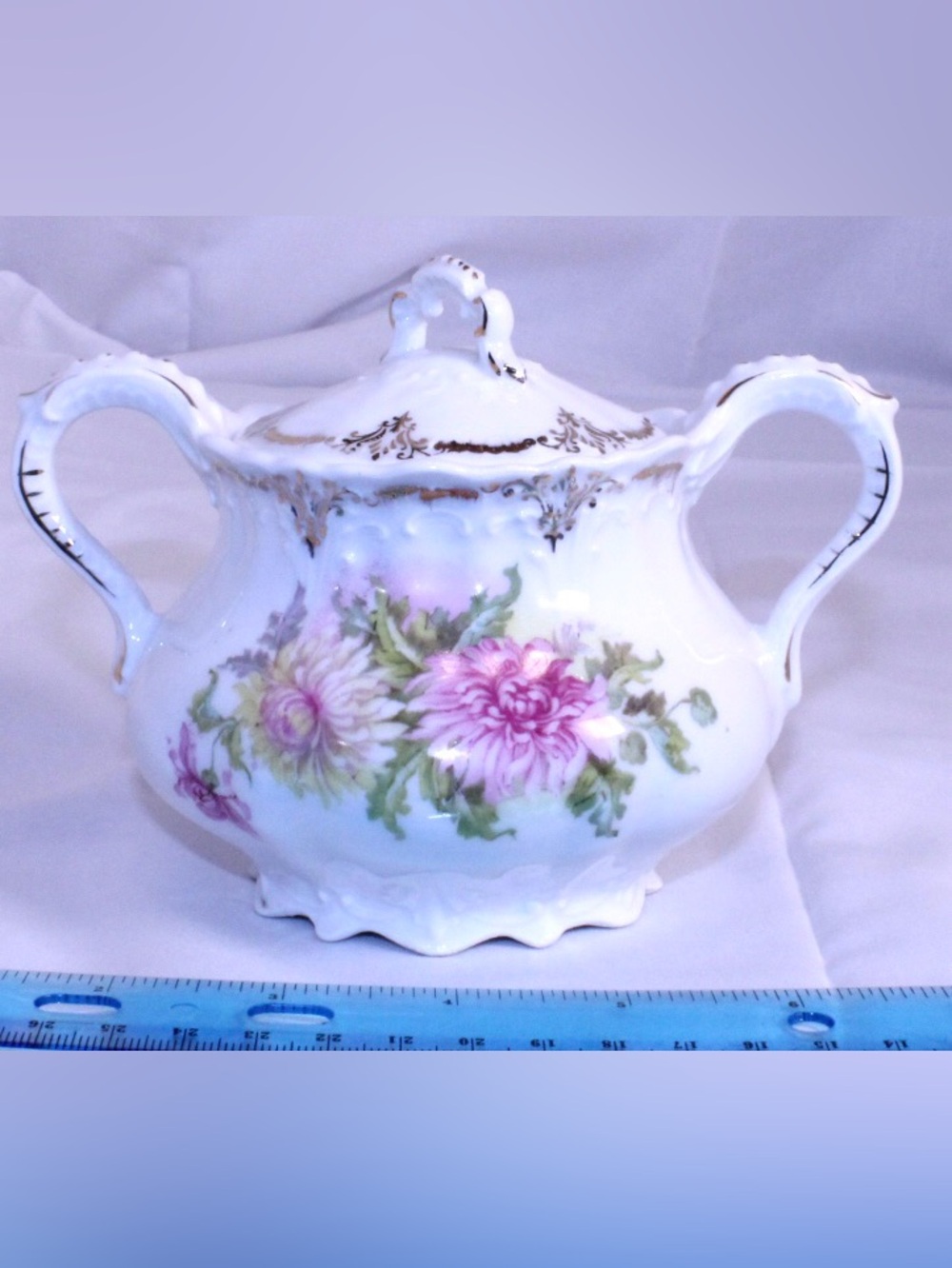Antique Weimar Germany Porcelain Covered Sugar Bowl Chrysanthemum Pink